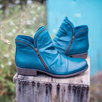 Chelsea boots for women with ruched slouchy shaft, side zip and low block heel