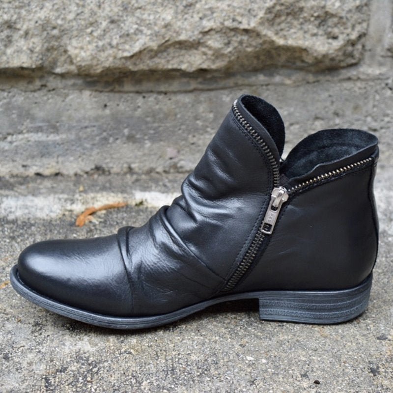 Chelsea boots for women with ruched slouchy shaft, side zip and low block heel