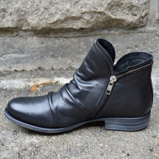 Chelsea boots for women with ruched slouchy shaft, side zip and low block heel