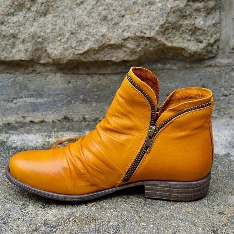 Chelsea boots for women with ruched slouchy shaft, side zip and low block heel
