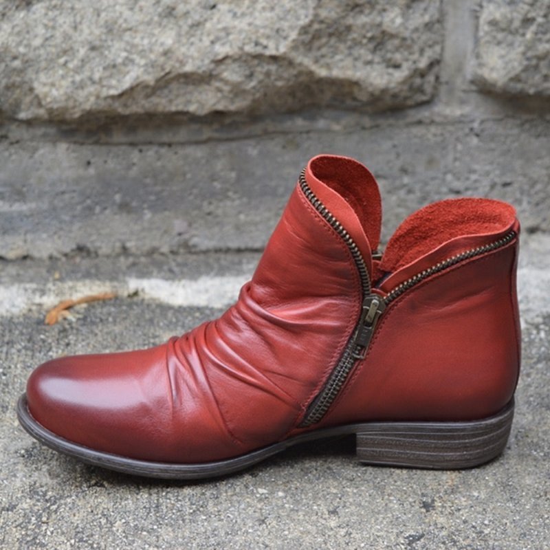 Chelsea boots for women with ruched slouchy shaft, side zip and low block heel
