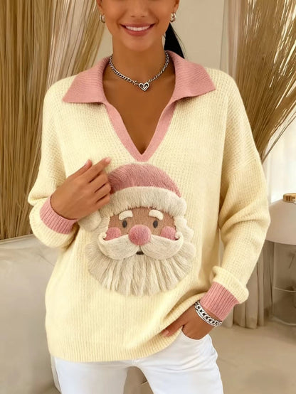 Womens christmas sweater with Santa graphic, V-neck and collar