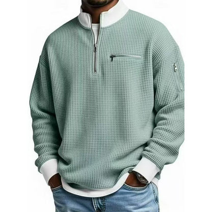 Quarter zip sweater for men with waffle knit, zip chest pocket and relaxed fit