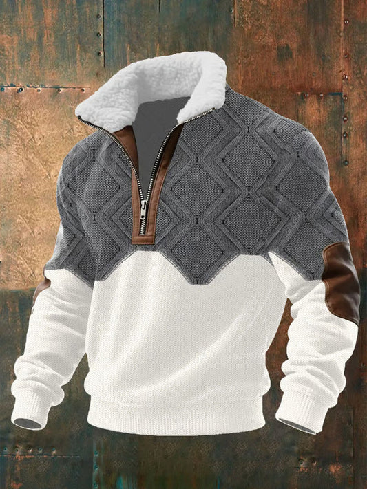 Quarter zip sweater for men with high collar and elbow patches