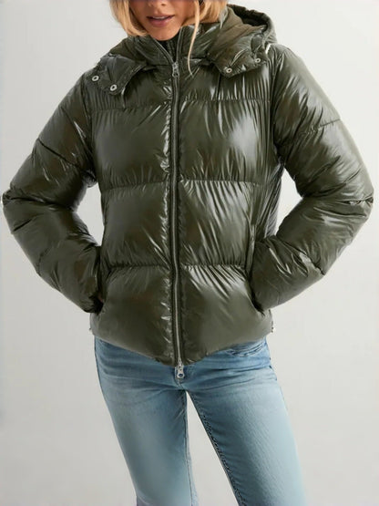 Womens puffer jacket with adjustable hood, elasticated cuffs and zip pockets
