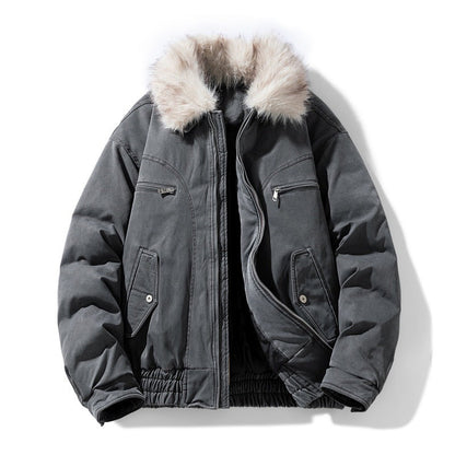 Men's puffer jacket with faux fur collar and zip pockets