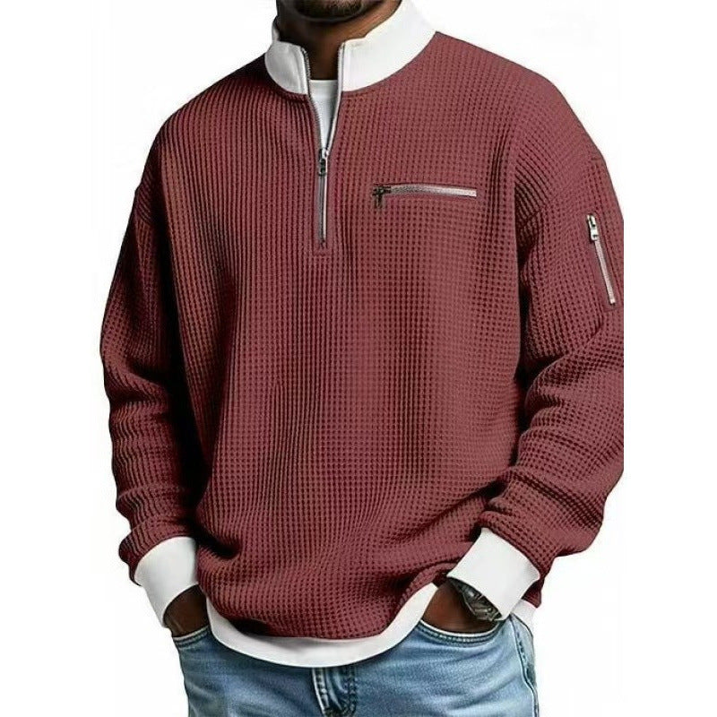 Quarter zip sweater for men with waffle knit, zip chest pocket and relaxed fit