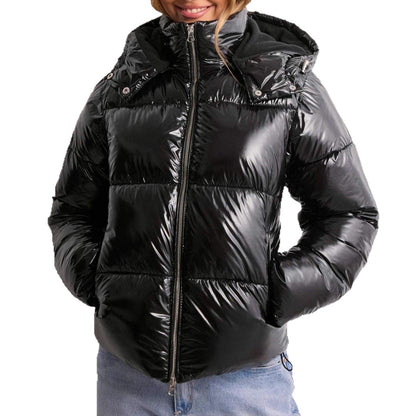 Womens puffer jacket with adjustable hood, elasticated cuffs and zip pockets