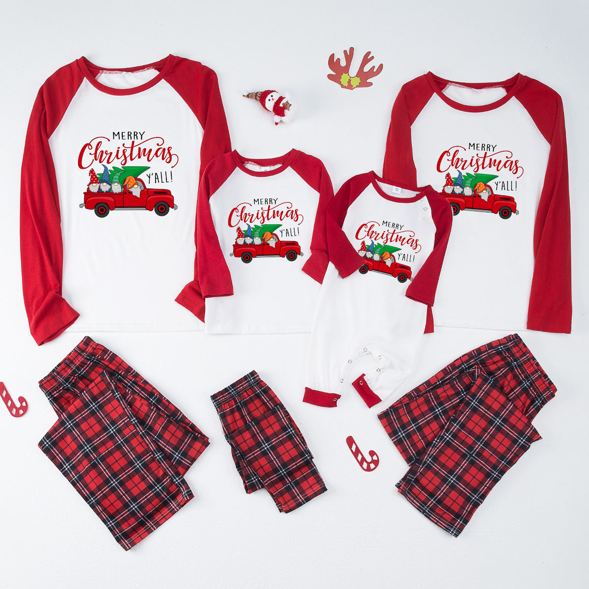 Christmas pajamas matching family set with truck graphic top and plaid pants