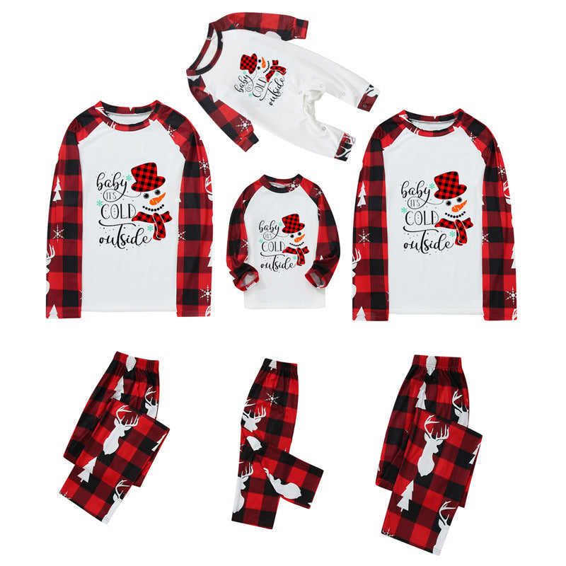Christmas pajamas matching family set with snowman print and plaid pants