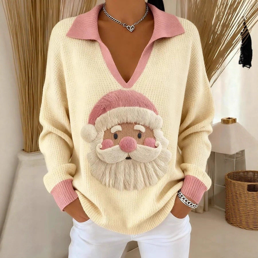 Womens christmas sweater with Santa graphic, V-neck and collar