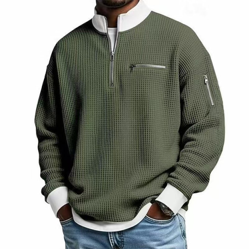 Quarter zip sweater for men with waffle knit, zip chest pocket and relaxed fit