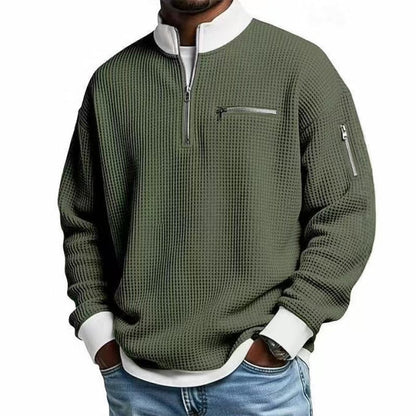 Quarter zip sweater for men with waffle knit, zip chest pocket and relaxed fit