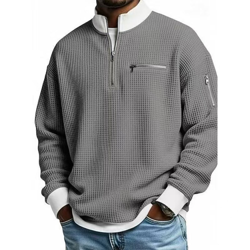 Quarter zip sweater for men with waffle knit, zip chest pocket and relaxed fit