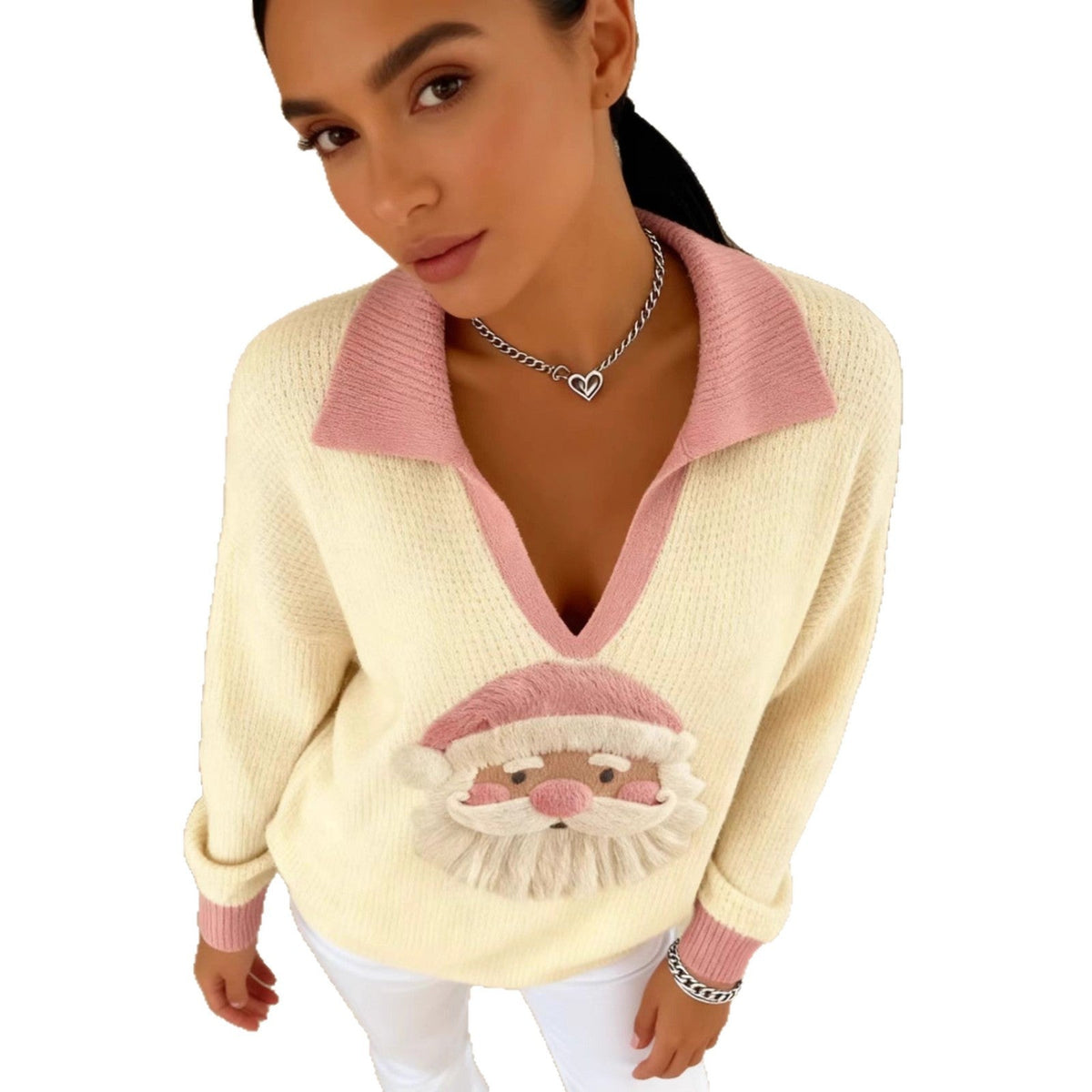 Womens christmas sweater with Santa graphic, V-neck and collar
