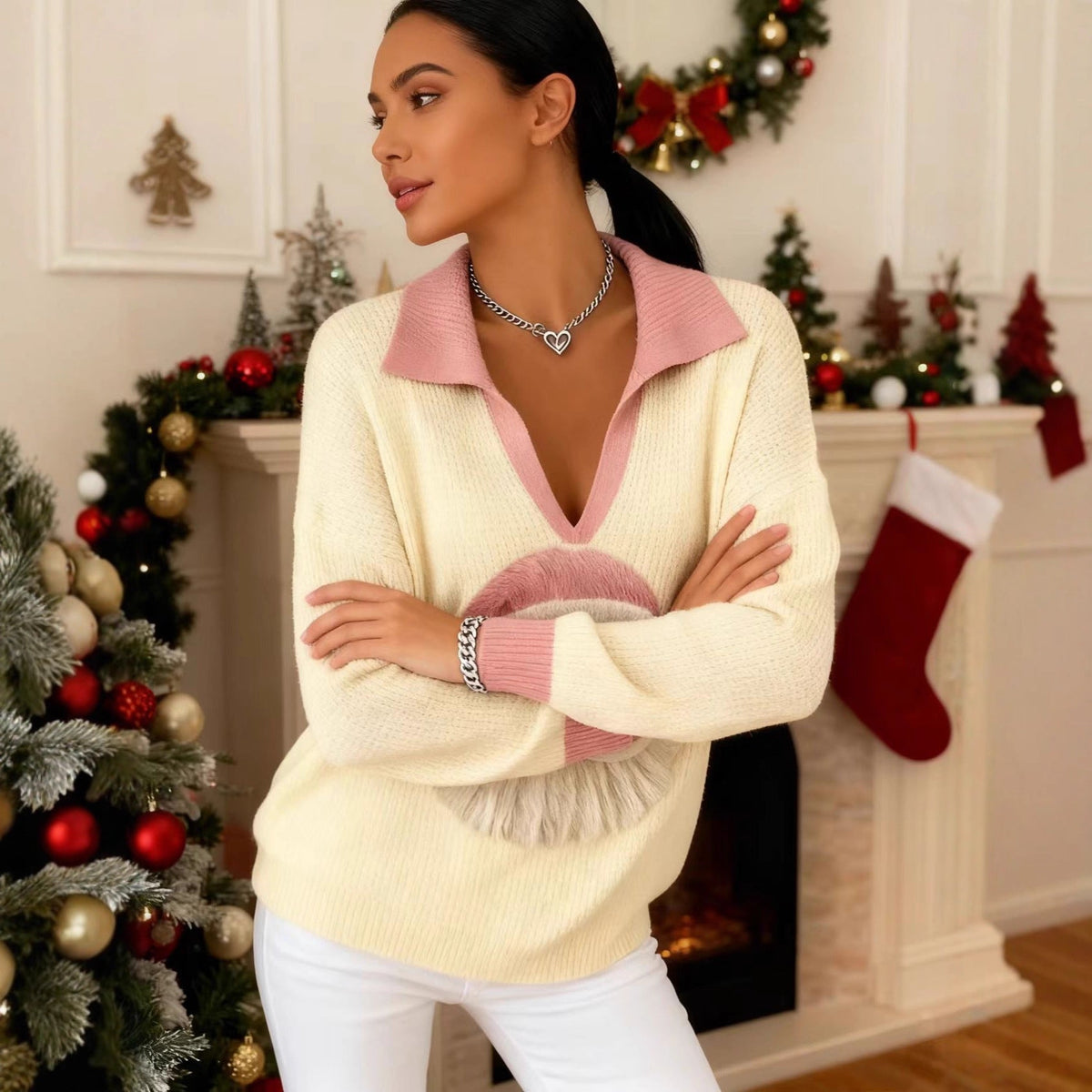 Womens christmas sweater with Santa graphic, V-neck and collar