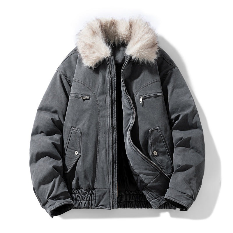 Men's puffer jacket with faux fur collar and zip pockets