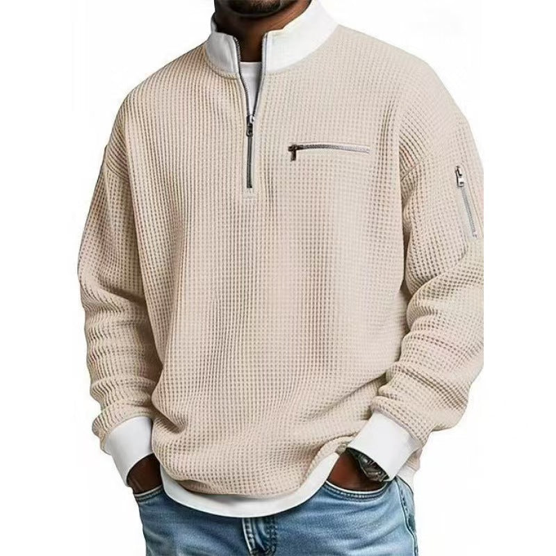 Quarter zip sweater for men with waffle knit, zip chest pocket and relaxed fit