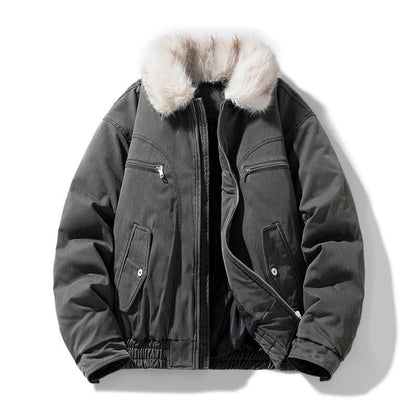 Men's puffer jacket with faux fur collar and zip pockets