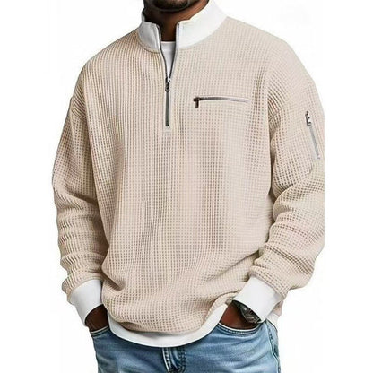 Quarter zip sweater for men with waffle knit, zip chest pocket and relaxed fit