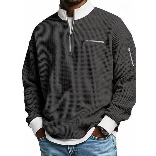 Quarter zip sweater for men with waffle knit, zip chest pocket and relaxed fit