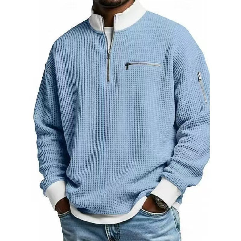 Quarter zip sweater for men with waffle knit, zip chest pocket and relaxed fit
