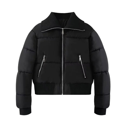 Womens puffer jacket with high collar, zip pockets and ribbed trims