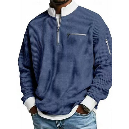 Quarter zip sweater for men with waffle knit, zip chest pocket and relaxed fit