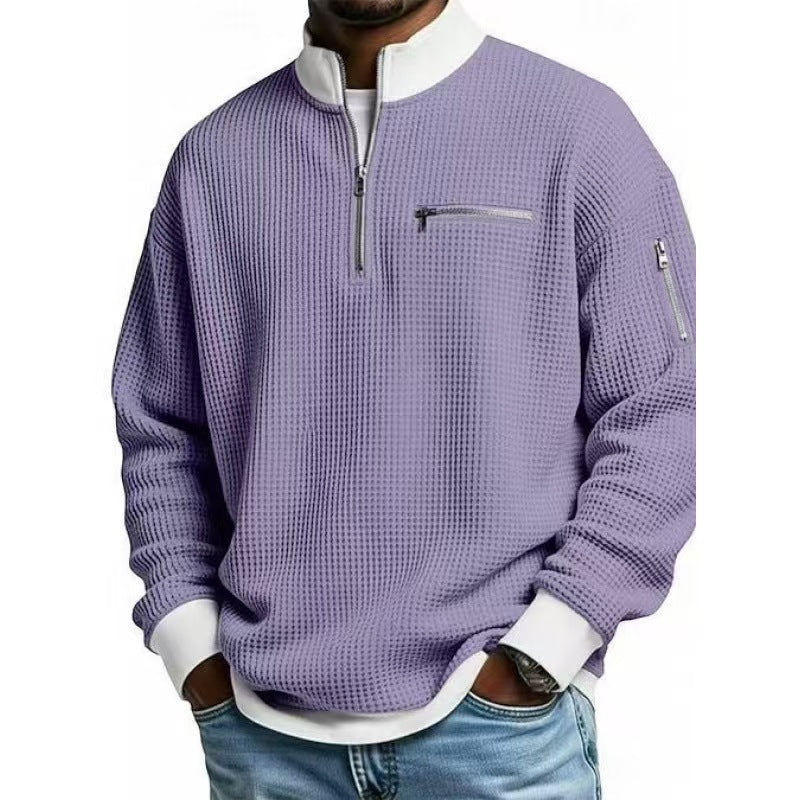 Quarter zip sweater for men with waffle knit, zip chest pocket and relaxed fit