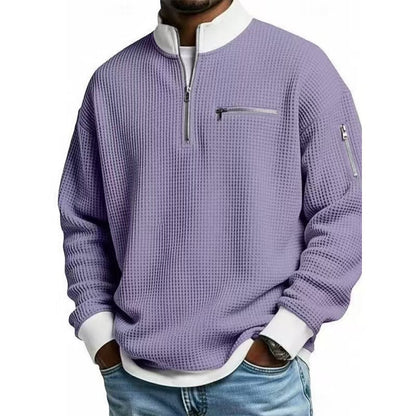 Quarter zip sweater for men with waffle knit, zip chest pocket and relaxed fit