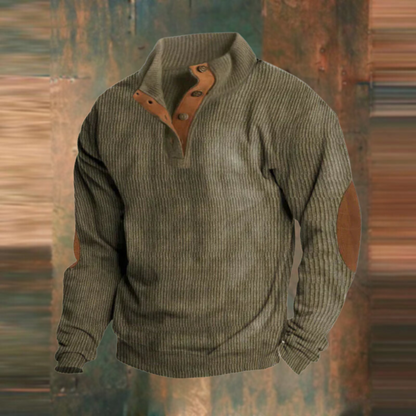 Men's button collar ribbed sweater with elbow patches