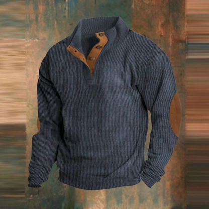 Men's button collar ribbed sweater with elbow patches