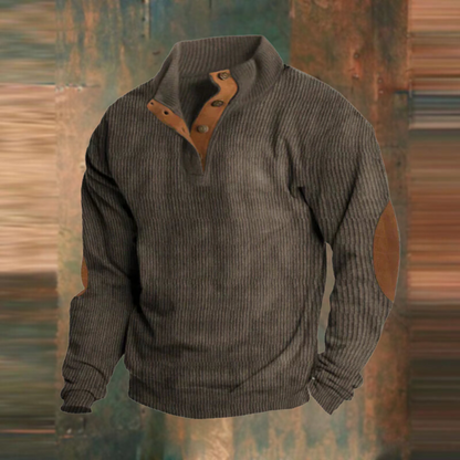 Men's button collar ribbed sweater with elbow patches