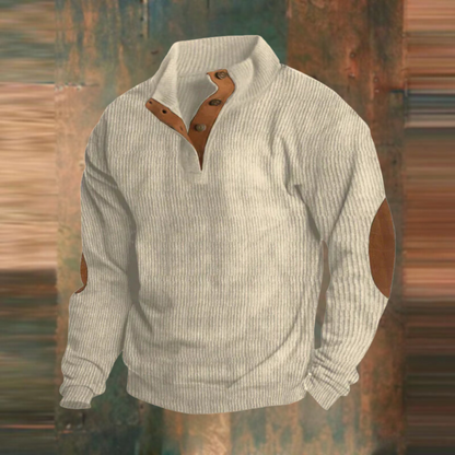 Men's button collar ribbed sweater with elbow patches