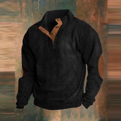 Men's button collar ribbed sweater with elbow patches