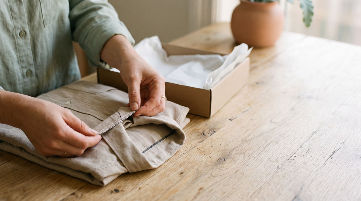 Hands checking the seam of a folded shirt before packing it