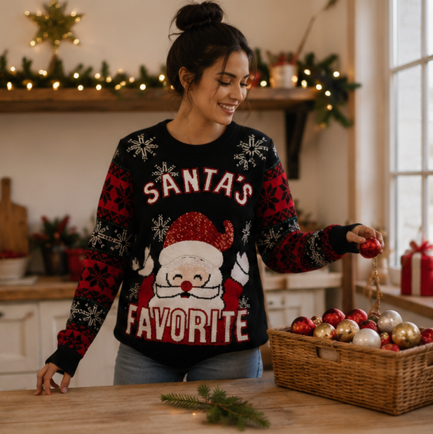 Womens christmas sweater with crew neck and long sleeve Santa design