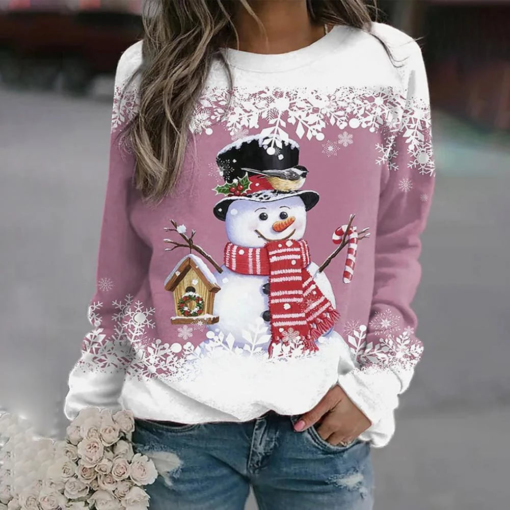Womens Christmas sweater with snowman print, long sleeve crew neck