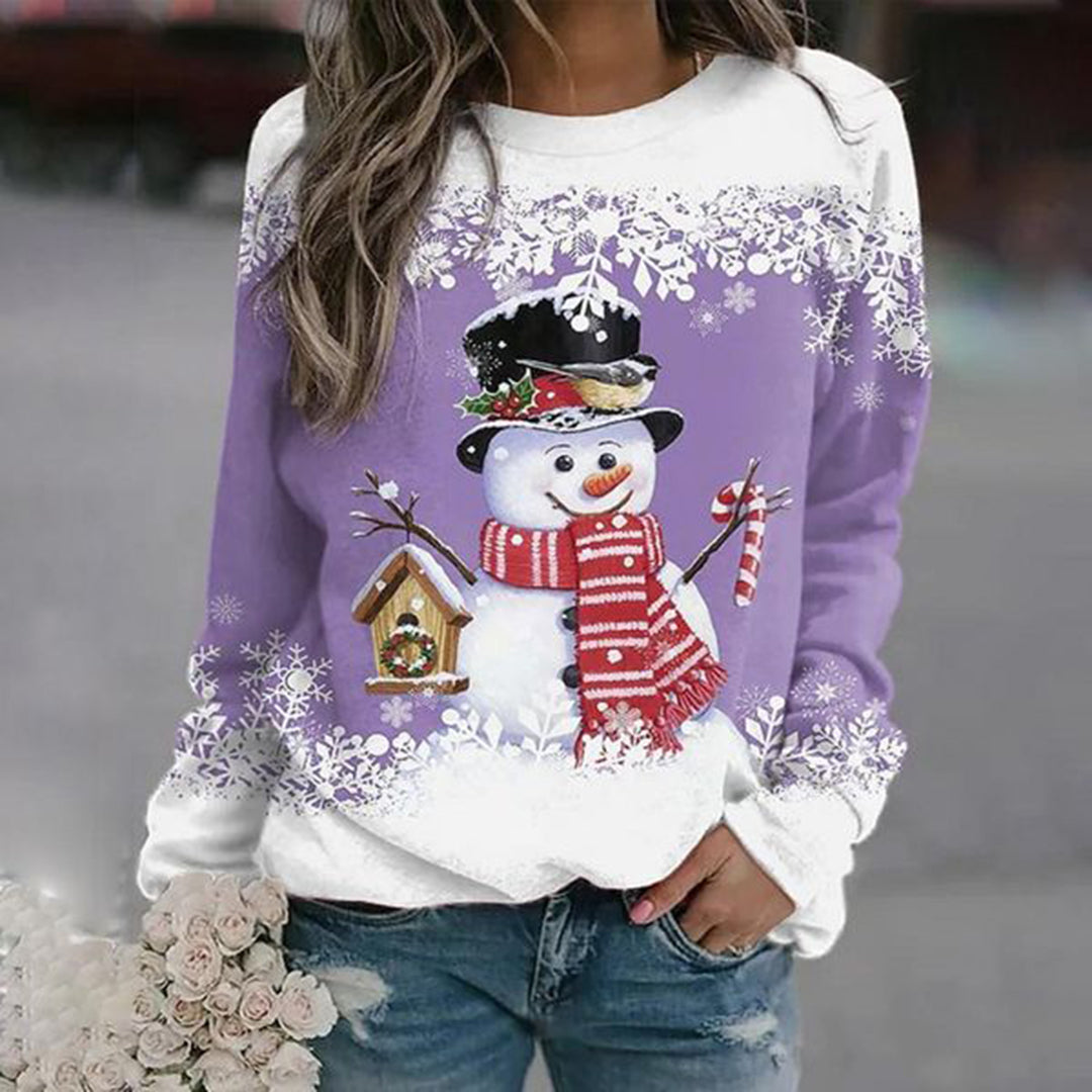 Womens Christmas sweater with snowman print, long sleeve crew neck