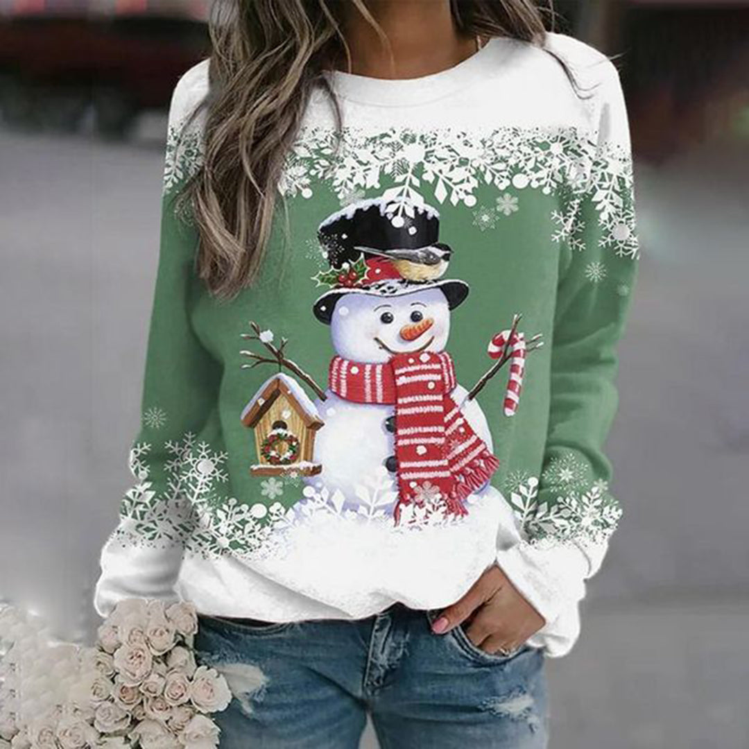 Womens Christmas sweater with snowman print, long sleeve crew neck