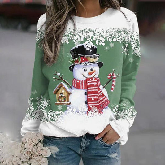 Womens Christmas sweater with snowman print, long sleeve crew neck