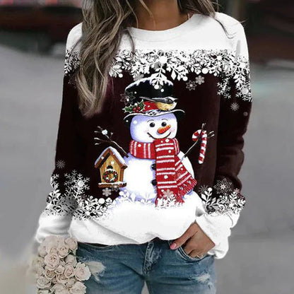 Womens Christmas sweater with snowman print, long sleeve crew neck