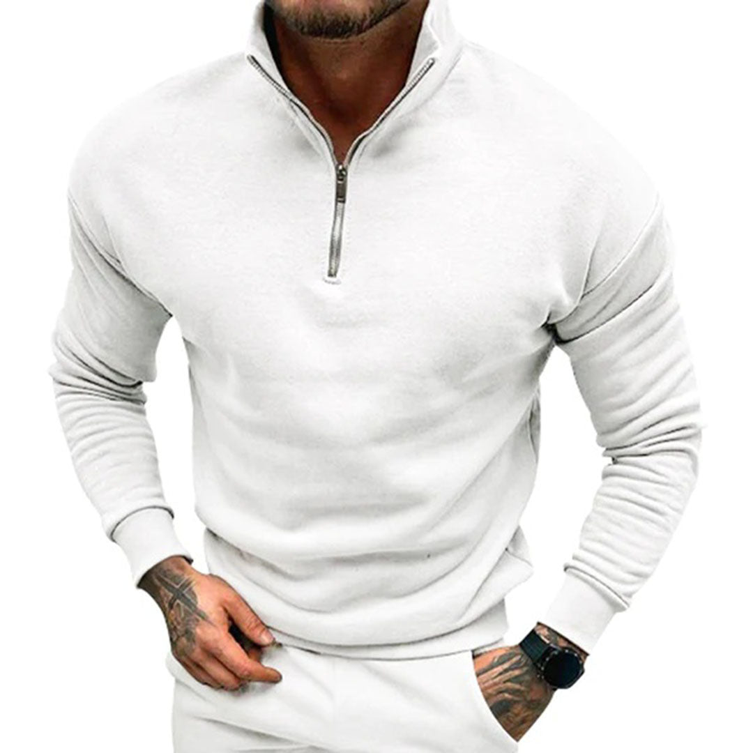 Quarter zip sweater for men with relaxed fit, drop shoulders and ribbed hem