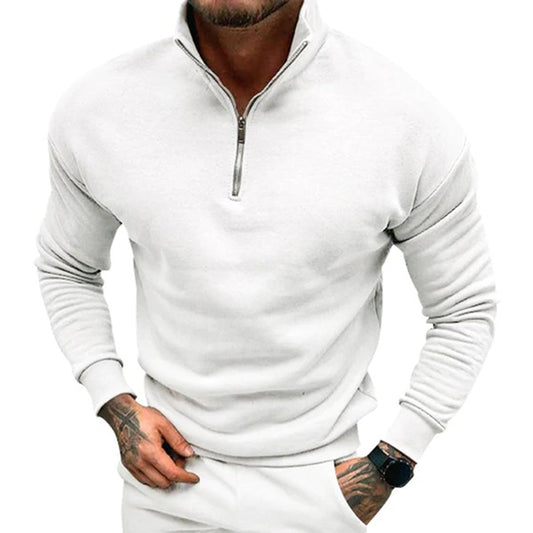 Quarter zip sweater for men with relaxed fit, drop shoulders and ribbed hem