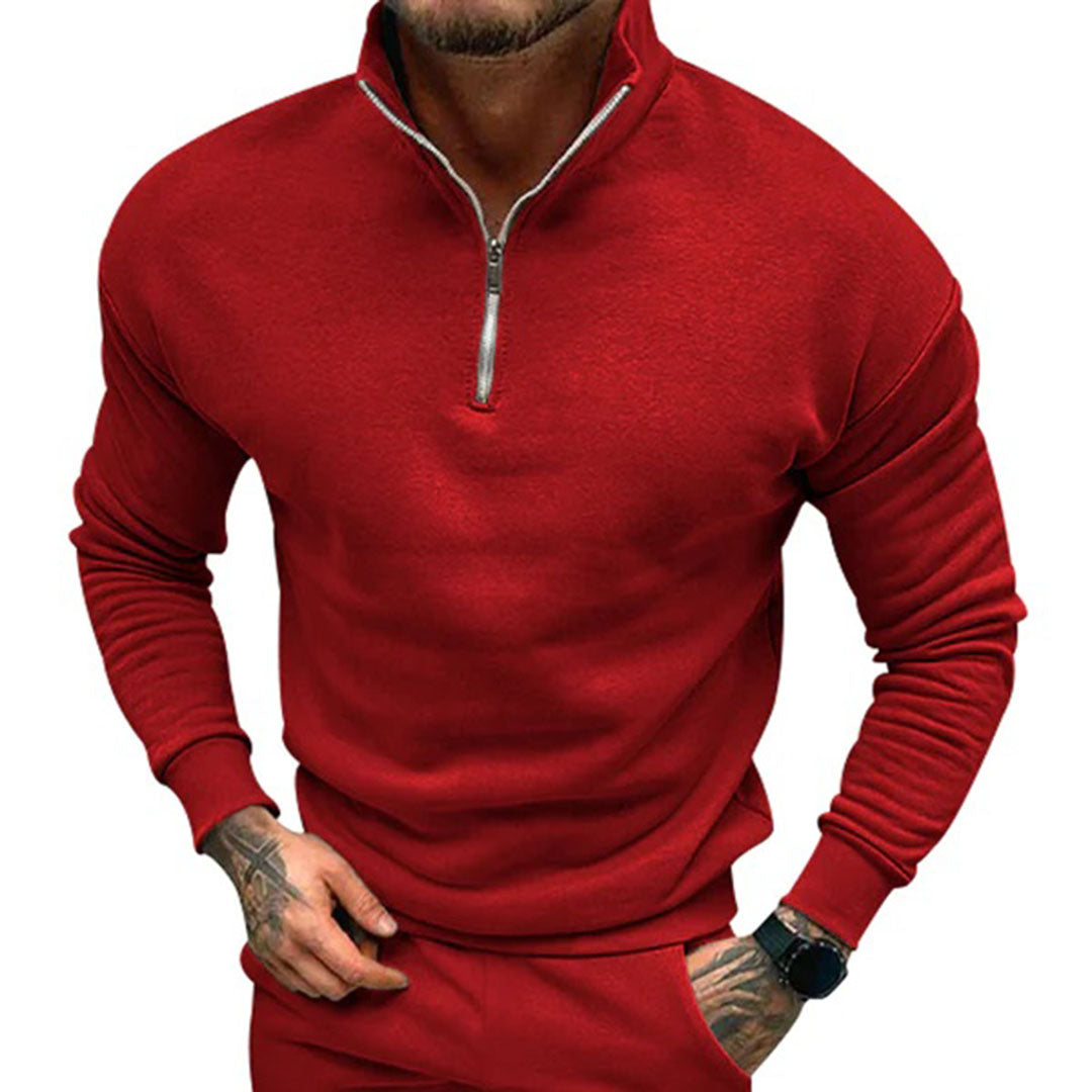 Quarter zip sweater for men with relaxed fit, drop shoulders and ribbed hem