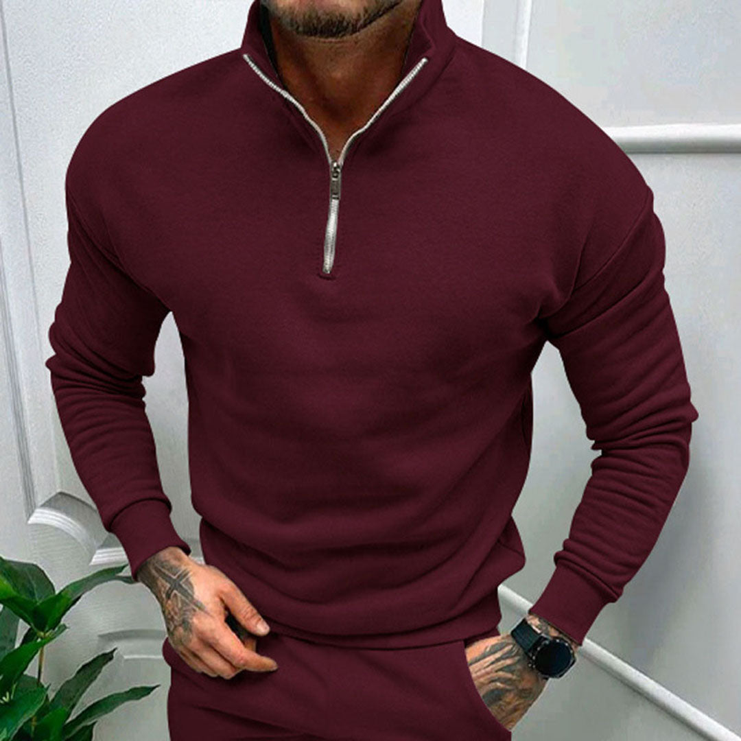 Quarter zip sweater for men with relaxed fit, drop shoulders and ribbed hem
