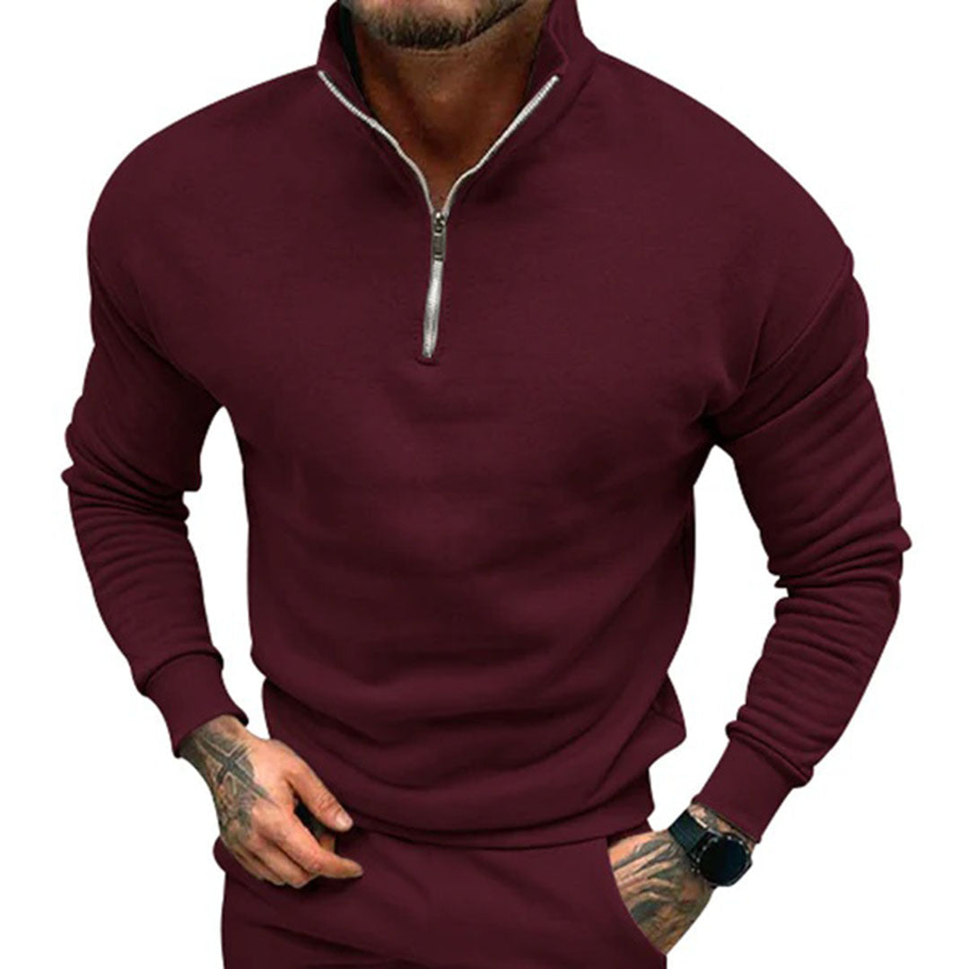 Quarter zip sweater for men with relaxed fit, drop shoulders and ribbed hem