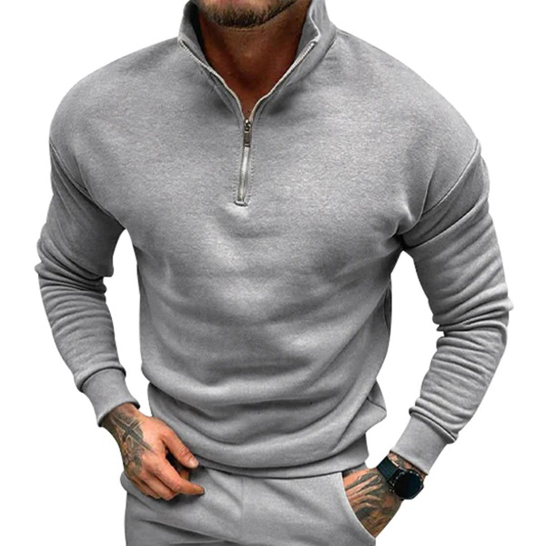 Quarter zip sweater for men with relaxed fit, drop shoulders and ribbed hem