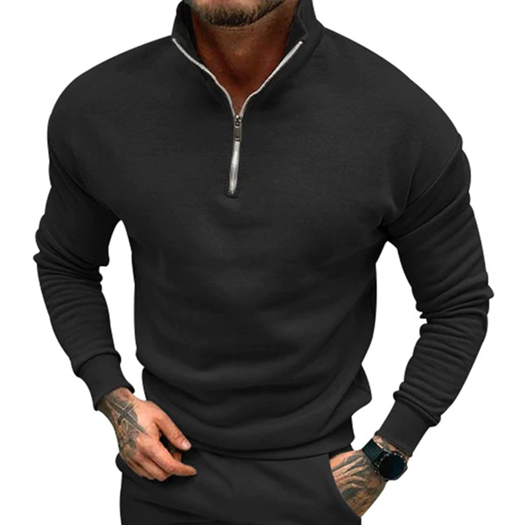 Quarter zip sweater for men with relaxed fit, drop shoulders and ribbed hem