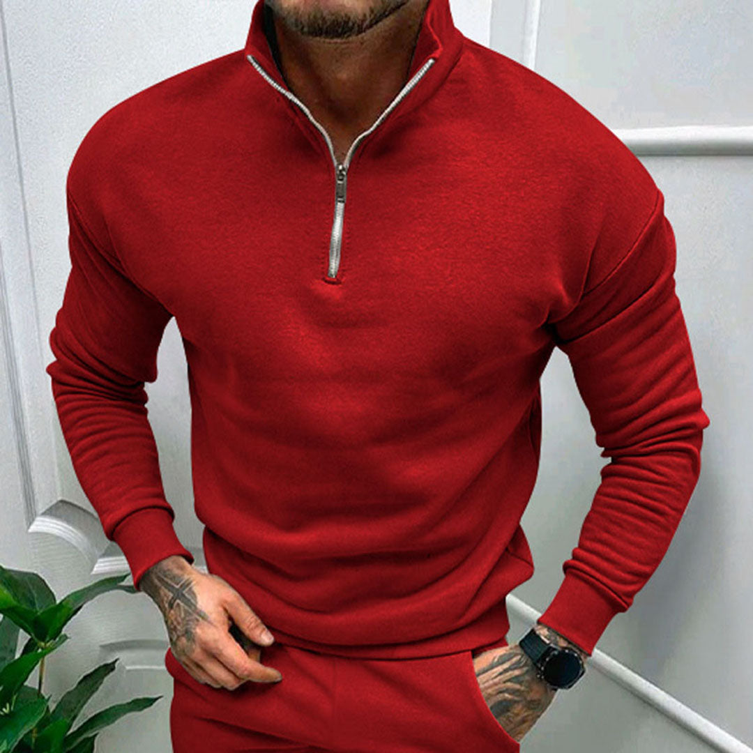 Quarter zip sweater for men with relaxed fit, drop shoulders and ribbed hem